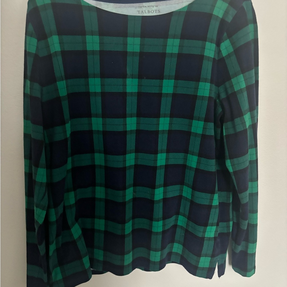 Talbots Navy and Green Checkered Long Sleeve Top